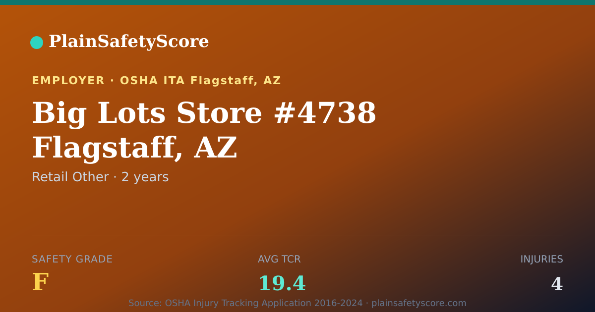 Shareable card for Big Lots Store #4738 Flagstaff, AZ Safety Grade F (TCR 19.4)